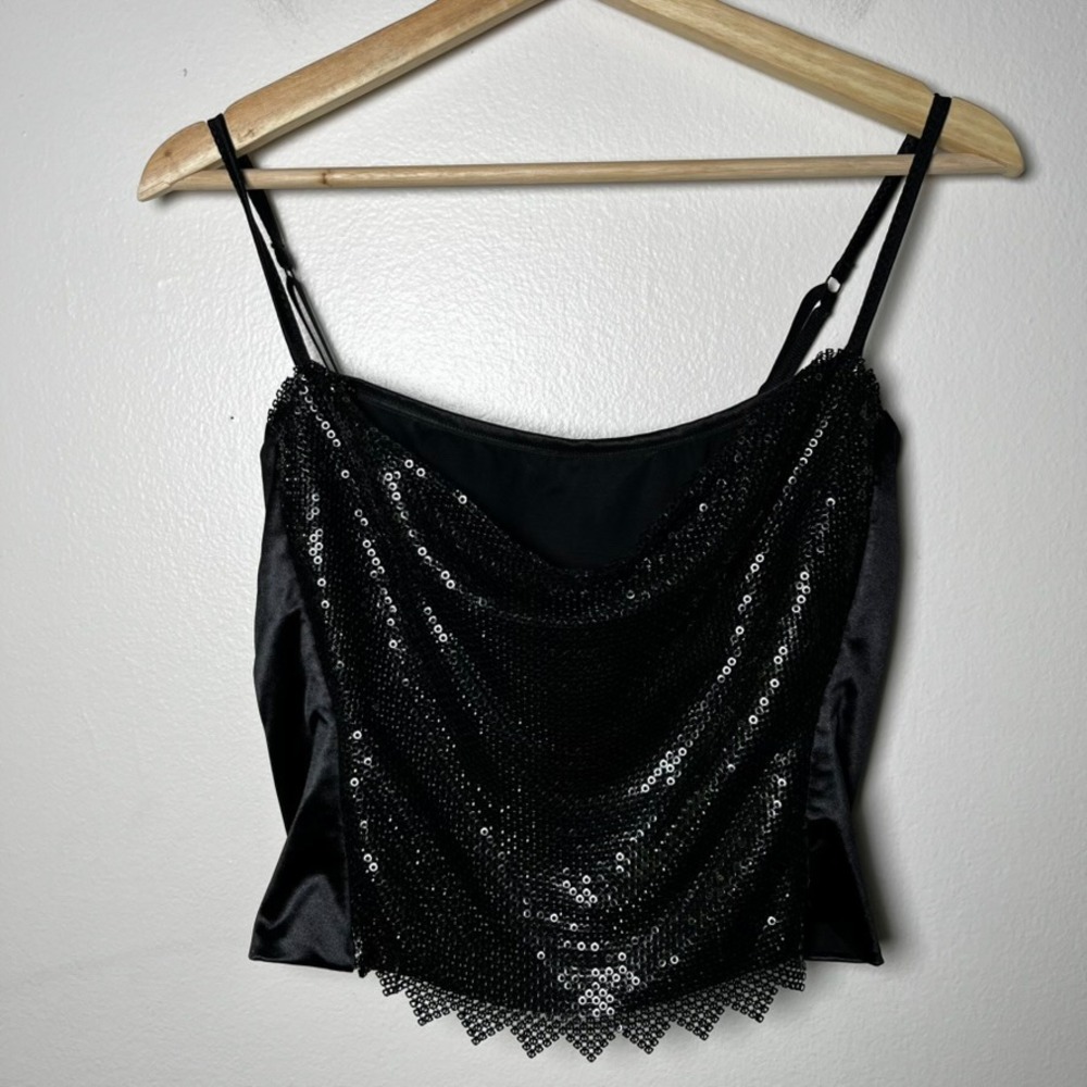 Flora Nikrooz Vtg Metal Mesh Bra‎ Top Spaghetti Straps Black Satin size medium